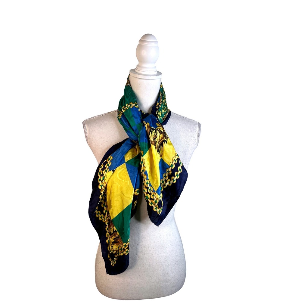 Andrea Fanellato Women's Blue Green Gold 100% Silk Baroque Chain Print‎ Scarf
